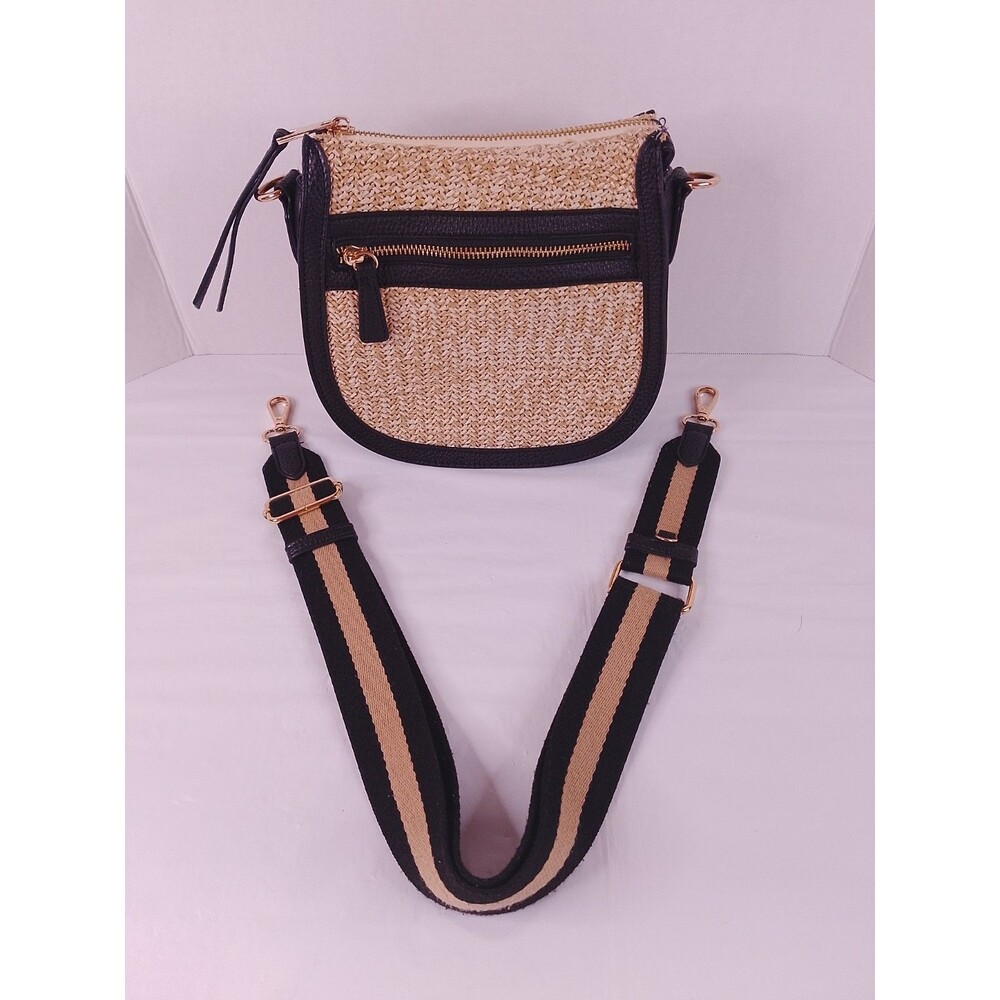Crown Vintage Straw Crossbody Bag Woven Raffia Brown Trim Boho Purse Small - Picture 3 of 14